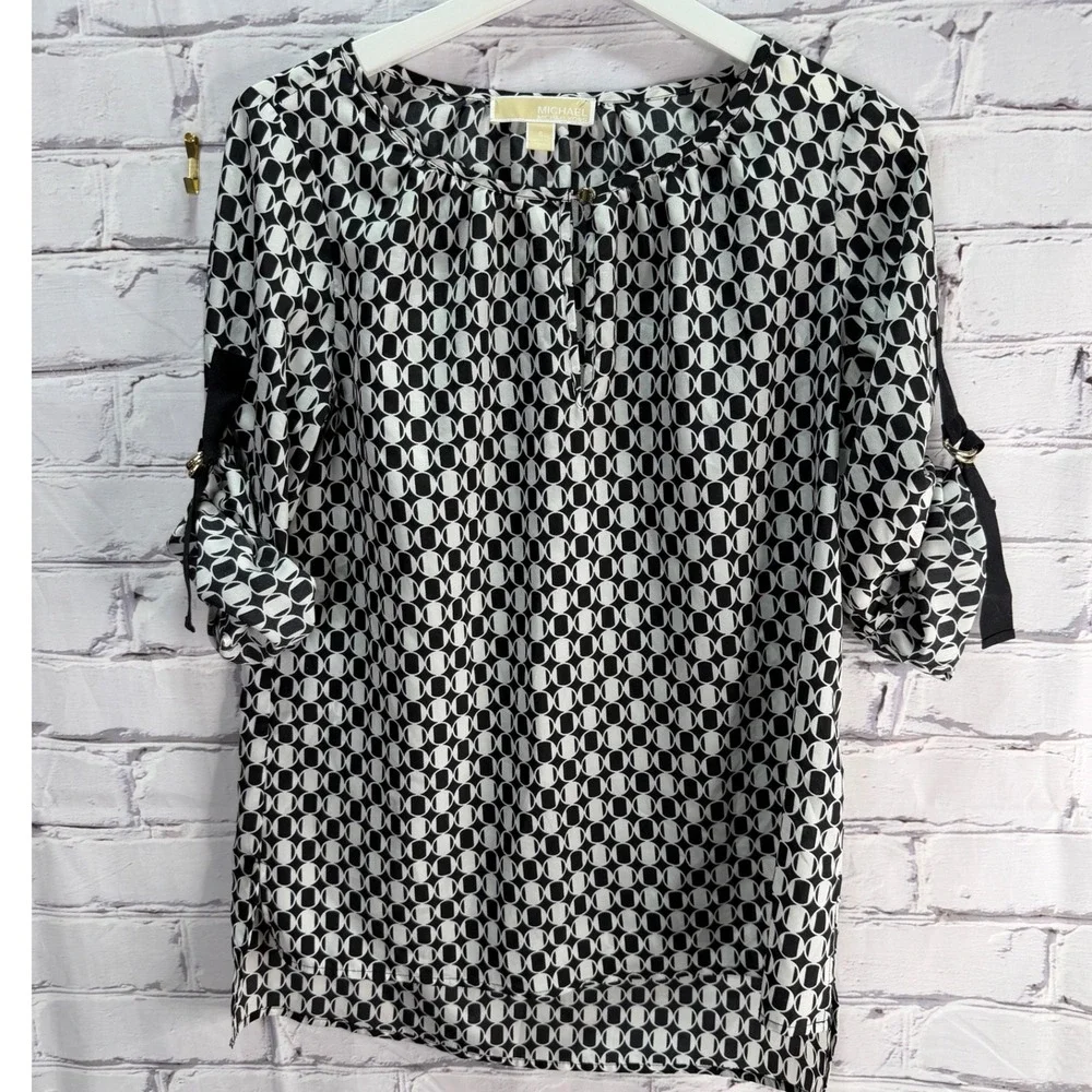 Michael Kors Blouse Women S Black White Geometric Print Roll Tab Sleeve Mod Top
